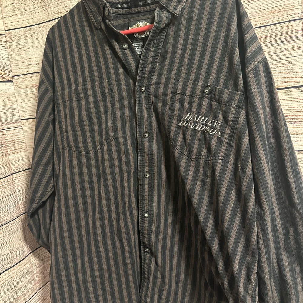 Harley-Davidson Black and Gray Striped Button-Down Shirt